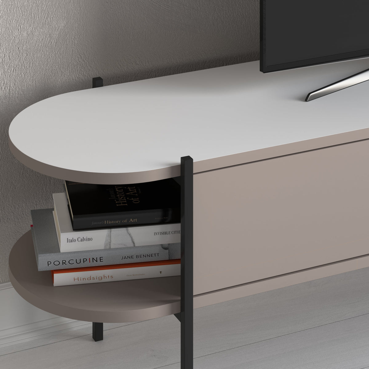Meuble TV moderne Otis, meuble multimédia, pieds en métal, rangement, 160 cm