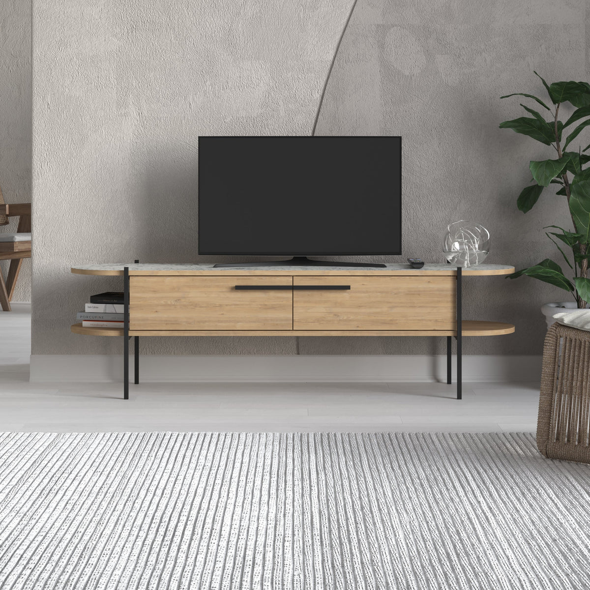 Meuble TV moderne Otis, meuble multimédia, pieds en métal, rangement, 160 cm