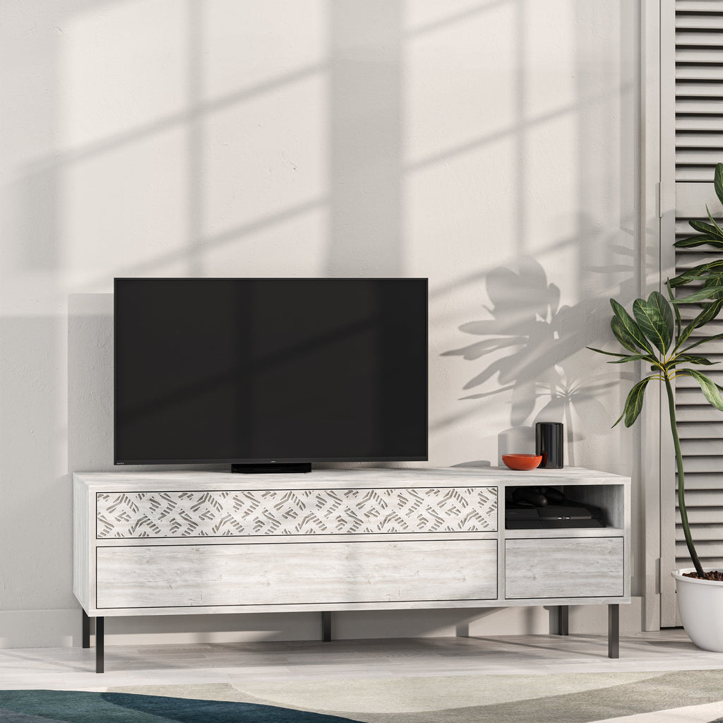 Meuble TV moderne Heaton, meuble multimédia avec armoire de rangement 144,6 cm