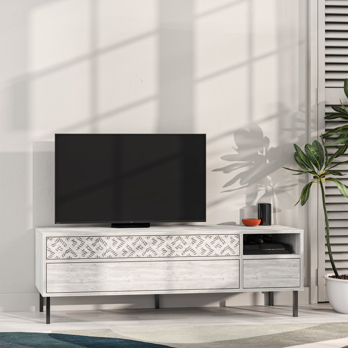 Meuble TV moderne Heaton, meuble multimédia avec armoire de rangement 144,6 cm