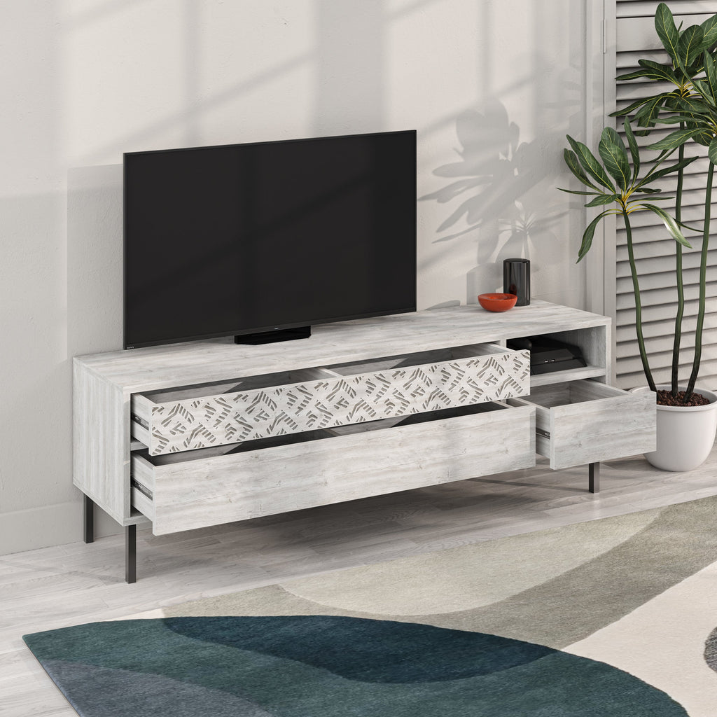 Meuble TV moderne Heaton, meuble multimédia avec armoire de rangement 144,6 cm
