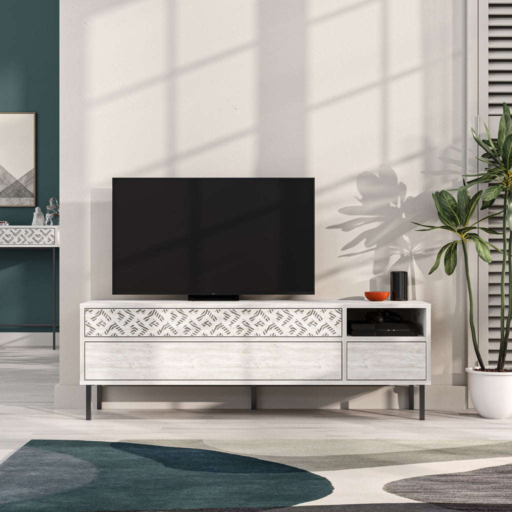 Meuble TV moderne Heaton, meuble multimédia avec armoire de rangement 144,6 cm