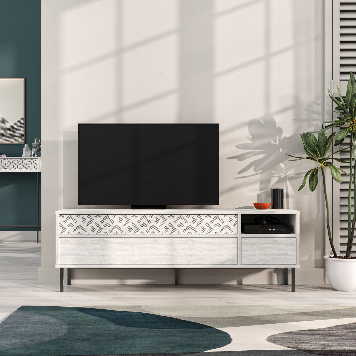 Meuble TV moderne Heaton, meuble multimédia avec armoire de rangement 144,6 cm