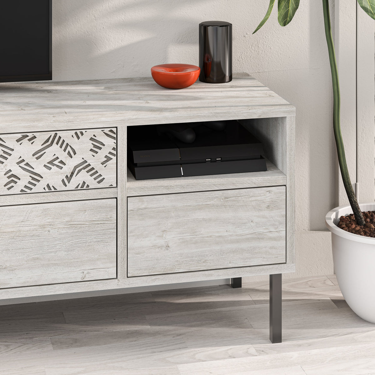 Meuble TV moderne Heaton, meuble multimédia avec armoire de rangement 144,6 cm