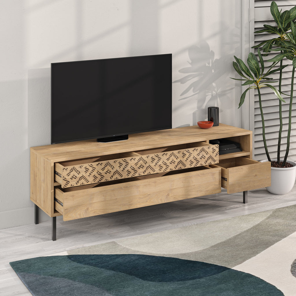 Meuble TV moderne Heaton, meuble multimédia avec armoire de rangement 144,6 cm