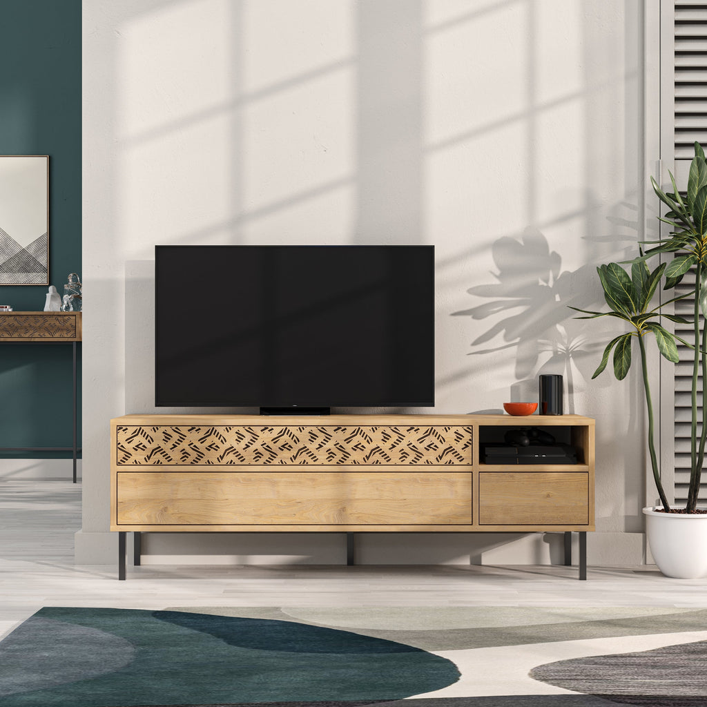 Meuble TV moderne Heaton, meuble multimédia avec armoire de rangement 144,6 cm
