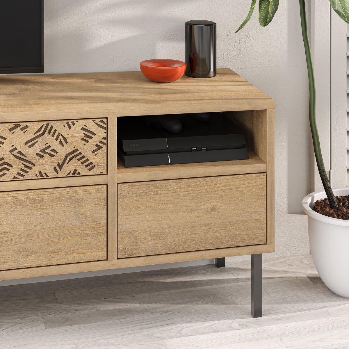 Meuble TV moderne Heaton, meuble multimédia avec armoire de rangement 144,6 cm