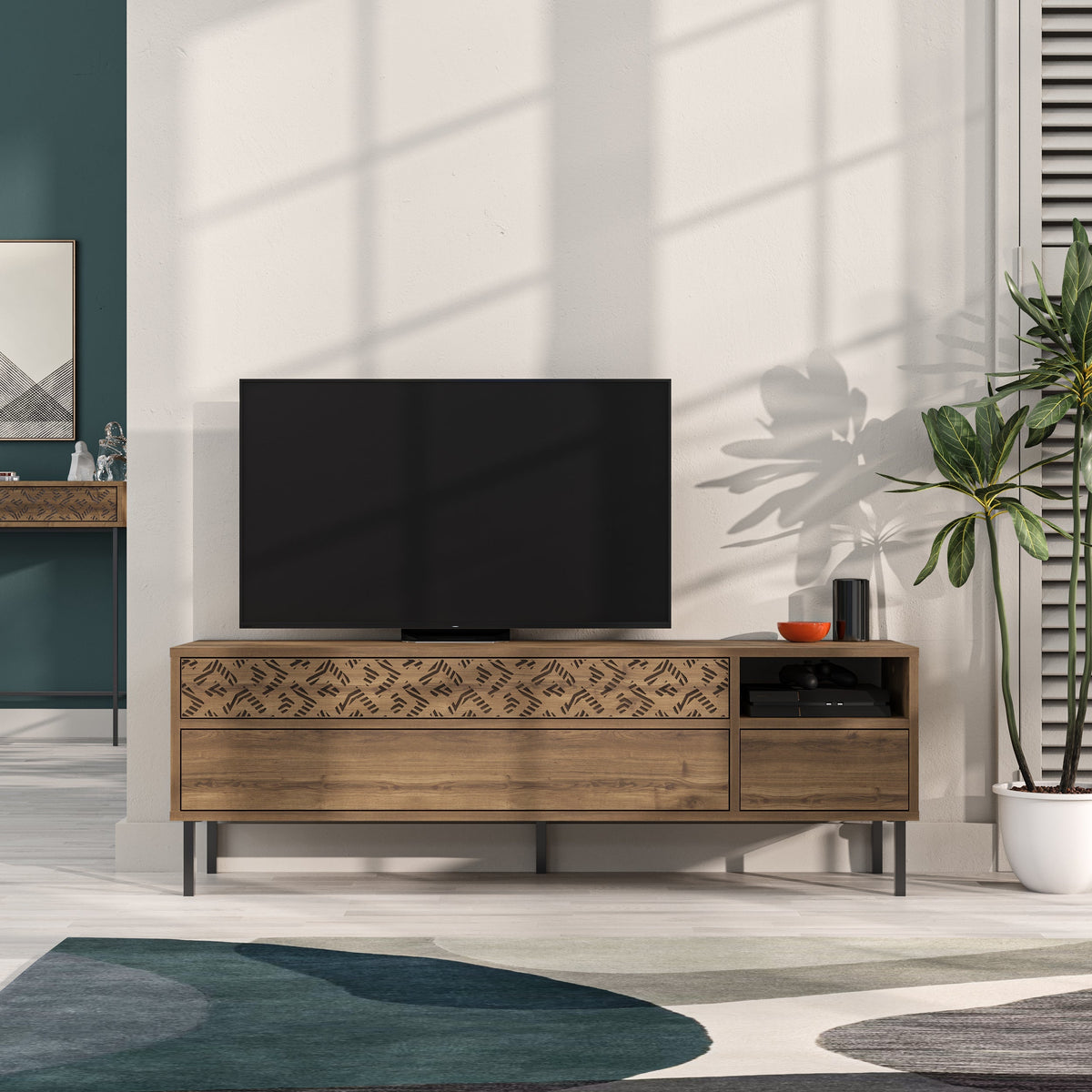 Meuble TV moderne Heaton, meuble multimédia avec armoire de rangement 144,6 cm