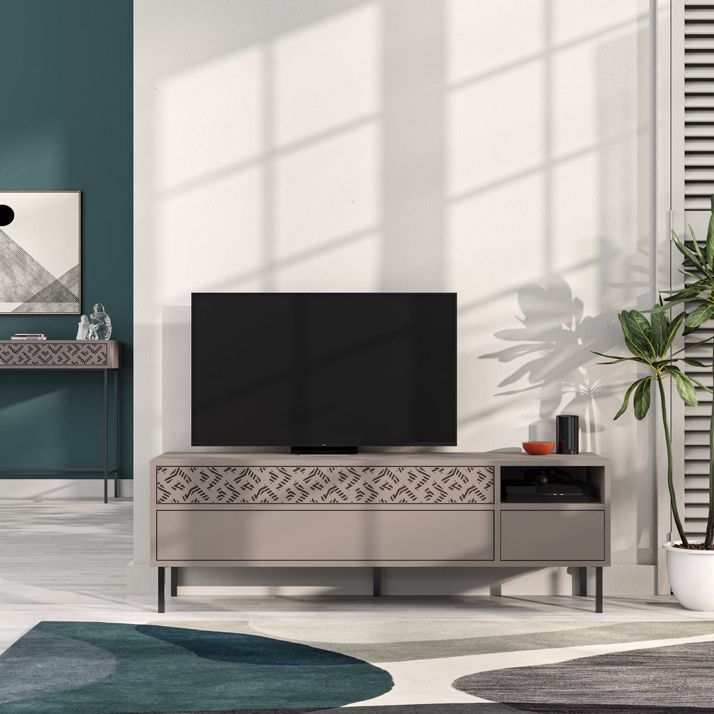 Meuble TV moderne Heaton, meuble multimédia avec armoire de rangement 144,6 cm