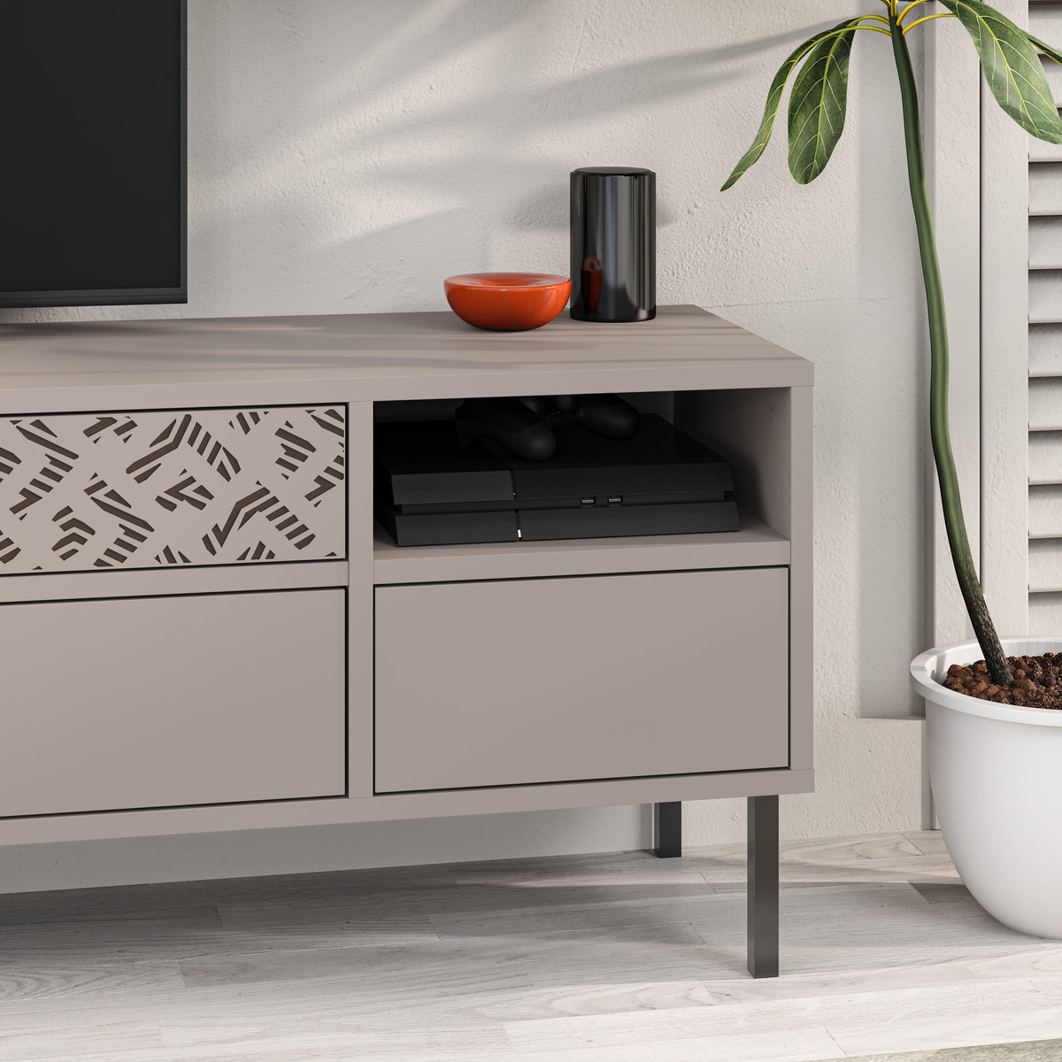 Meuble TV moderne Heaton, meuble multimédia avec armoire de rangement 144,6 cm