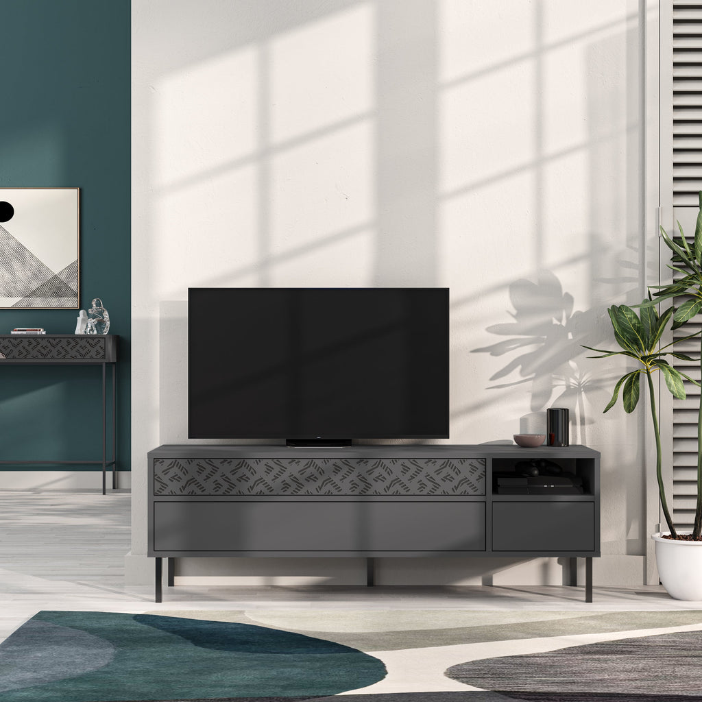 Meuble TV moderne Heaton, meuble multimédia avec armoire de rangement 144,6 cm