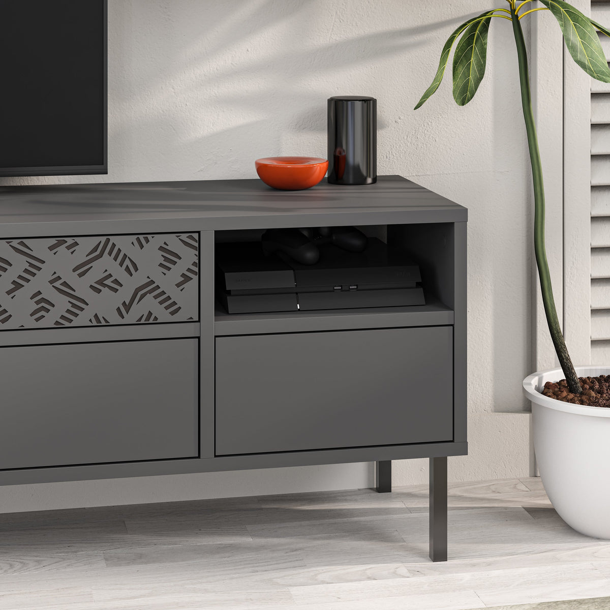 Meuble TV moderne Heaton, meuble multimédia avec armoire de rangement 144,6 cm