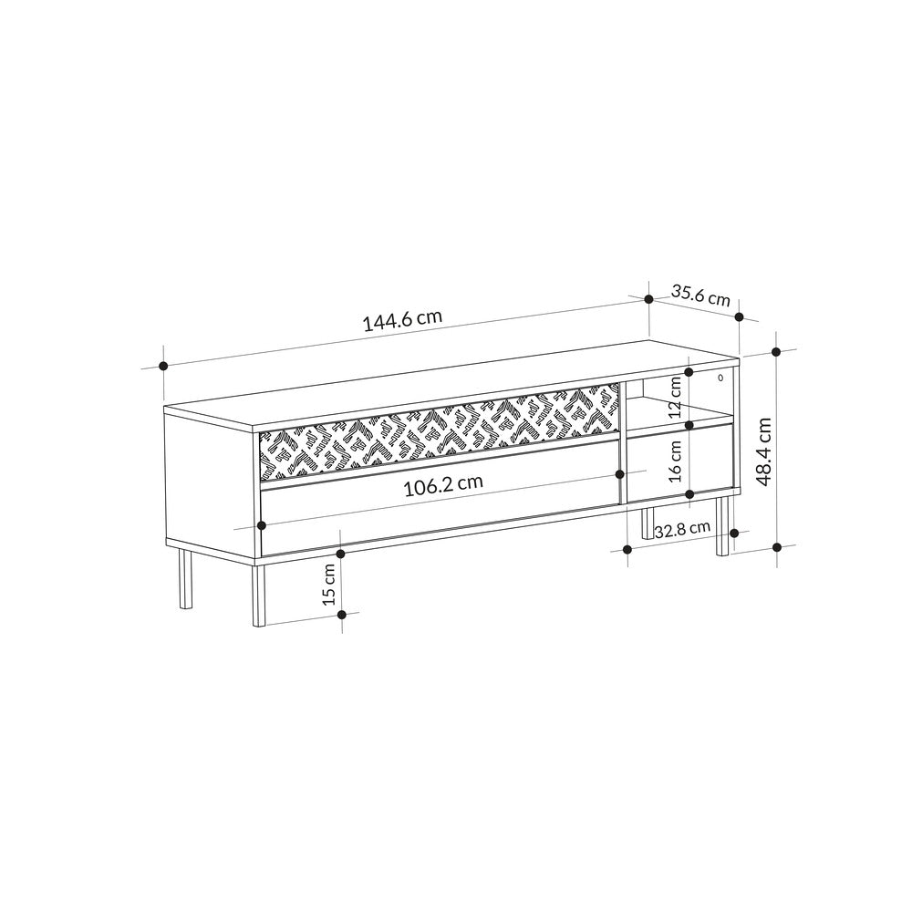 Meuble TV moderne Heaton, meuble multimédia avec armoire de rangement 144,6 cm