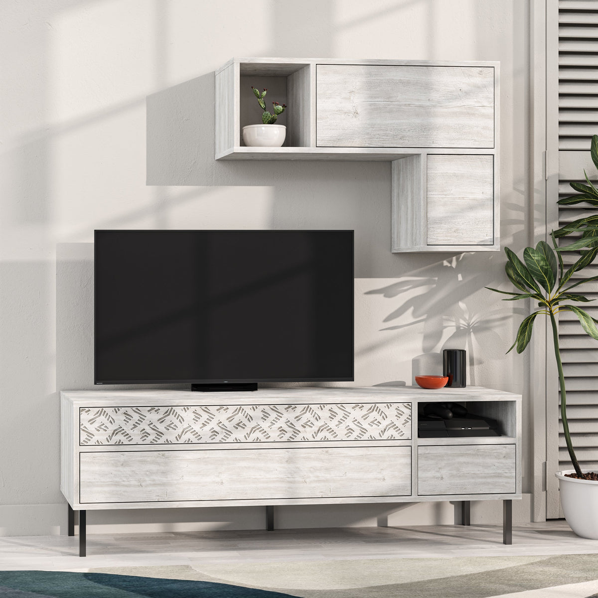 Meuble TV moderne Heaton avec rangement et étagère murale 144,6 cm
