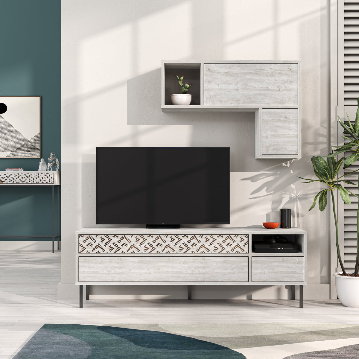 Meuble TV moderne Heaton avec rangement et étagère murale 144,6 cm