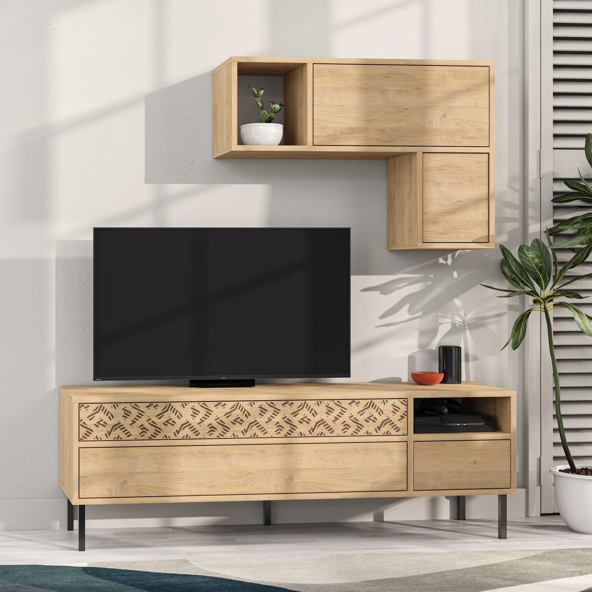Meuble TV moderne Heaton avec rangement et étagère murale 144,6 cm