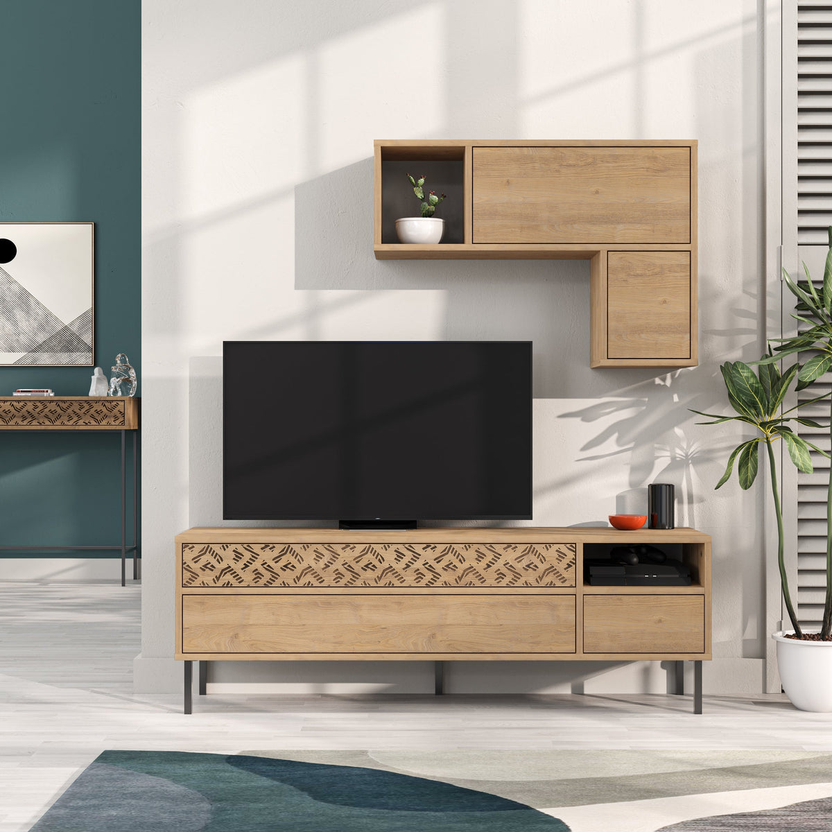 Meuble TV moderne Heaton avec rangement et étagère murale 144,6 cm