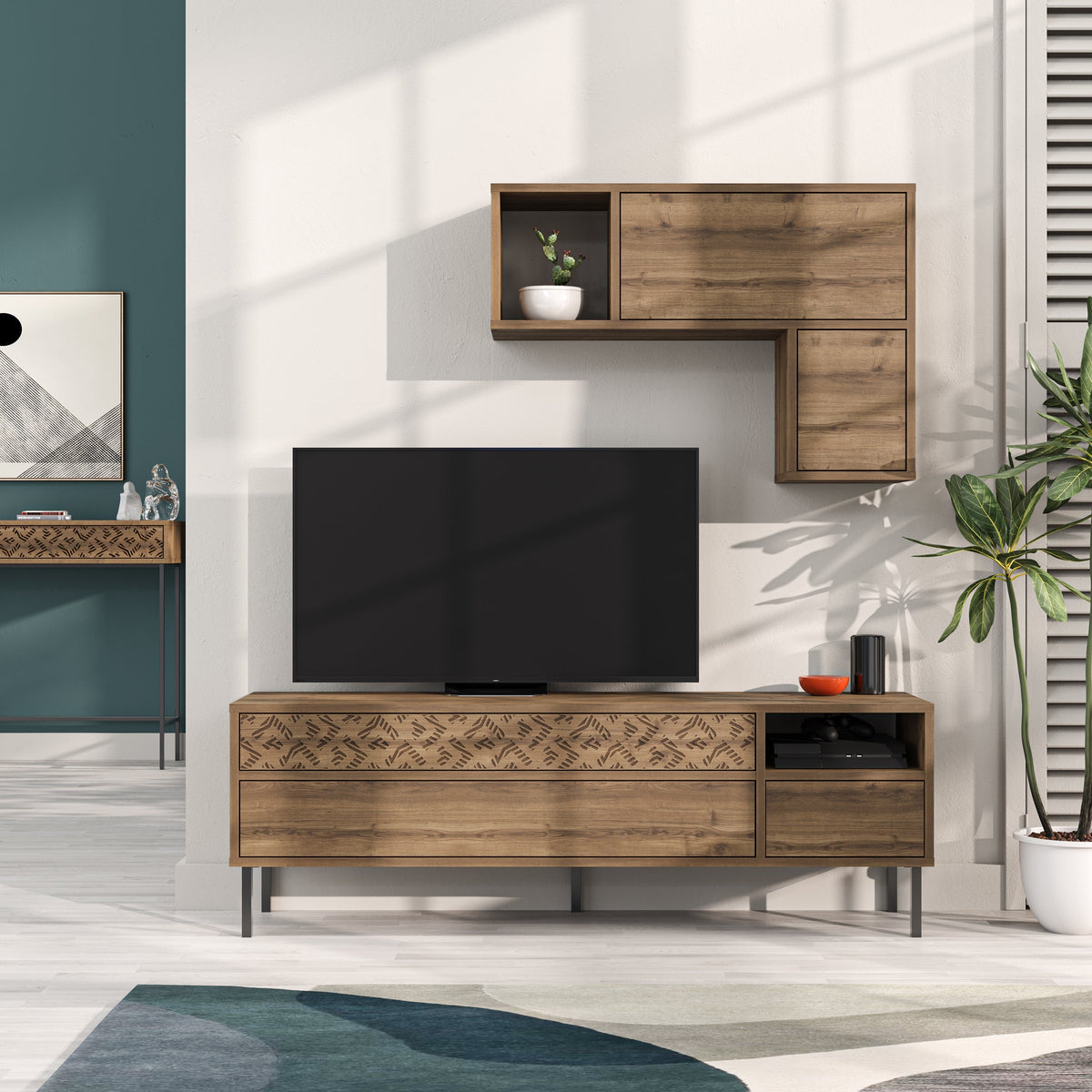 Meuble TV moderne Heaton avec rangement et étagère murale 144,6 cm