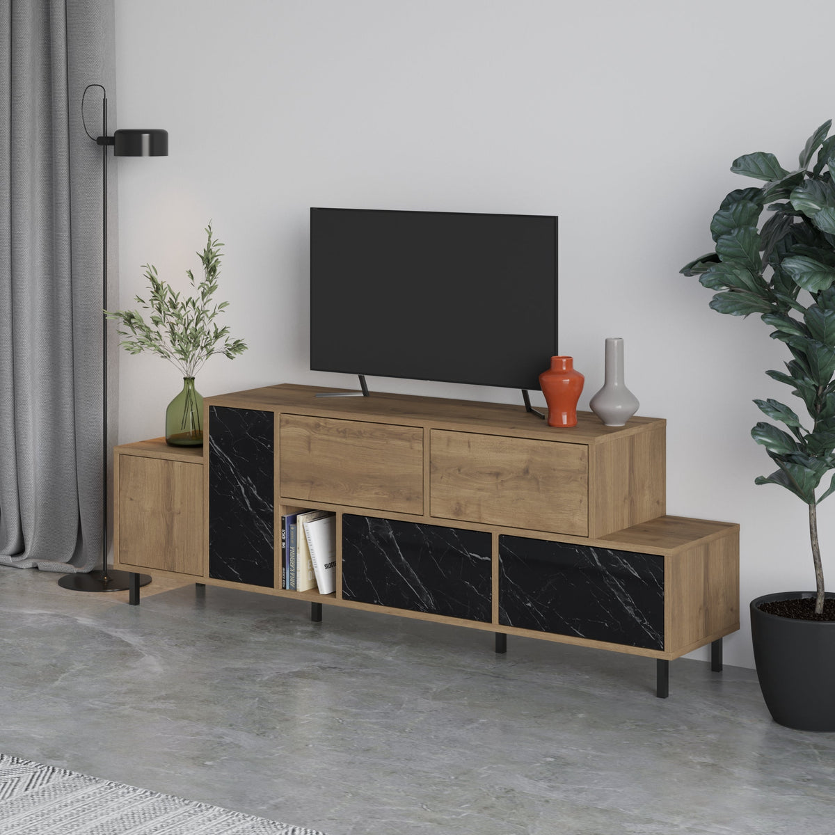 Meuble TV moderne Hermès avec centre multimédia et armoire de rangement 171,2 cm