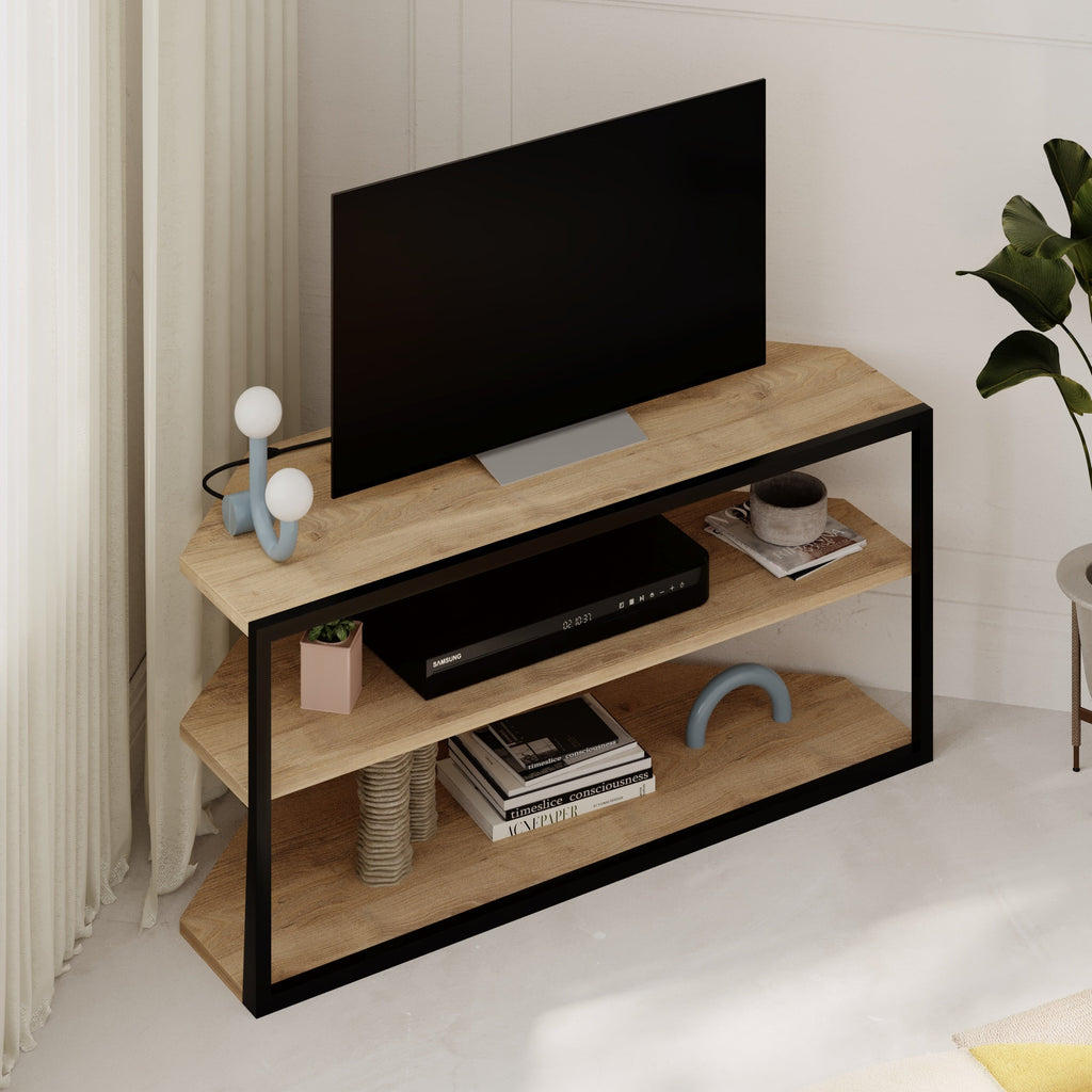 Meuble TV d'angle Echo – Unité d'angle compacte pour téléviseurs avec étagères de rangement pour salons ou appartements