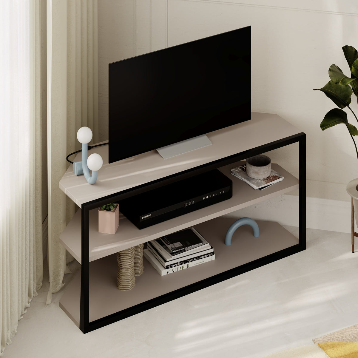Meuble TV d'angle Echo – Unité d'angle compacte pour téléviseurs avec étagères de rangement pour salons ou appartements