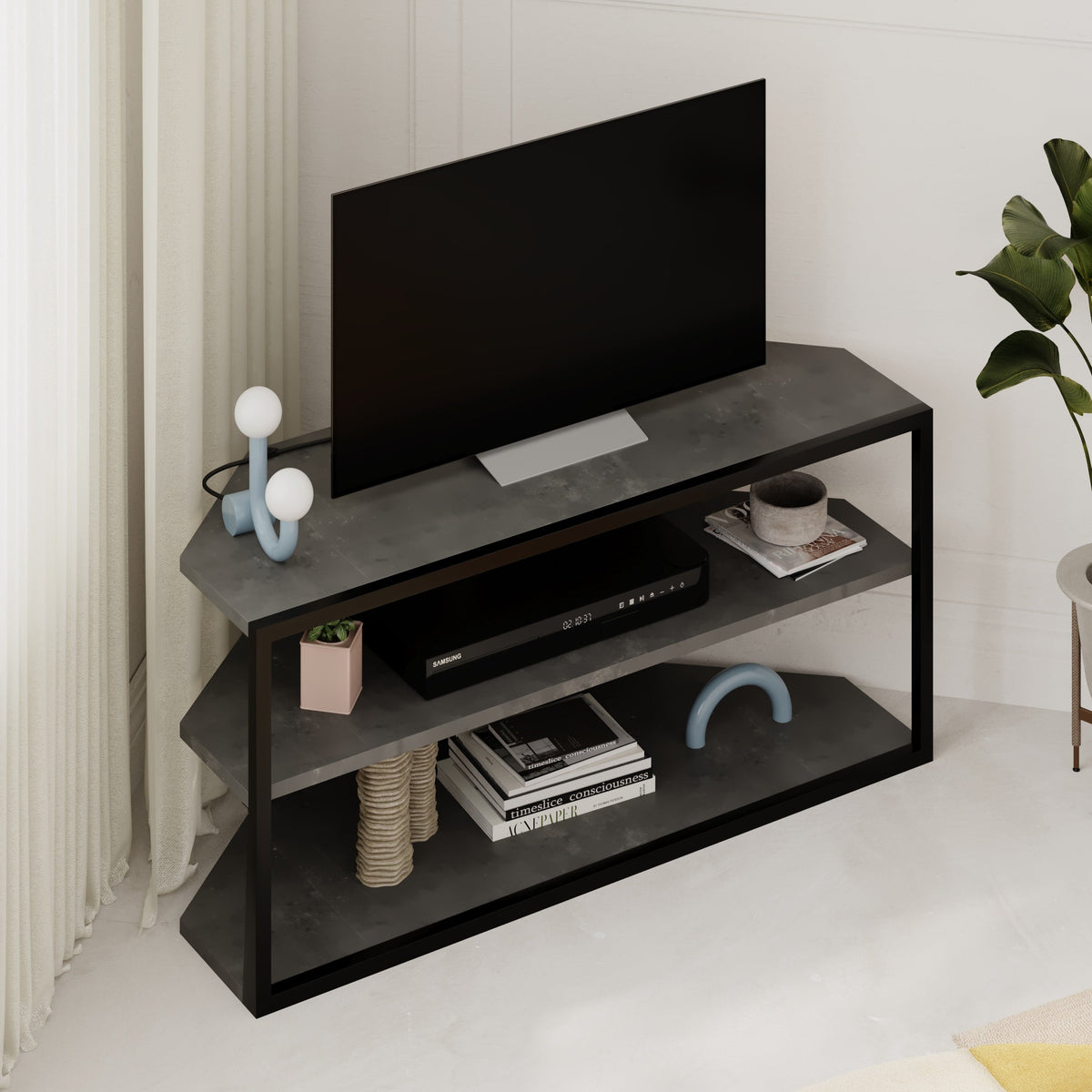 Meuble TV d'angle Echo – Unité d'angle compacte pour téléviseurs avec étagères de rangement pour salons ou appartements
