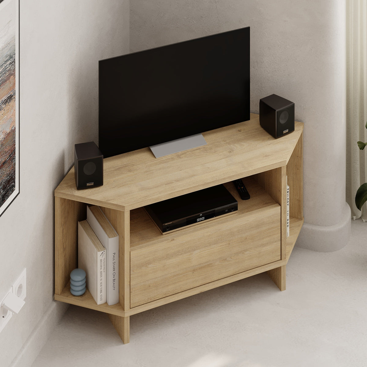 Meuble TV d'angle Modern Viva – Meuble d'angle compact avec étagères et placard pour téléviseurs jusqu'à 40 pouces