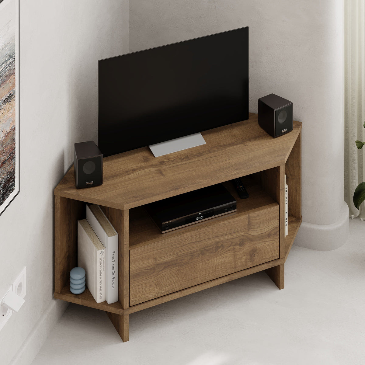 Meuble TV d'angle Modern Viva – Meuble d'angle compact avec étagères et placard pour téléviseurs jusqu'à 40 pouces