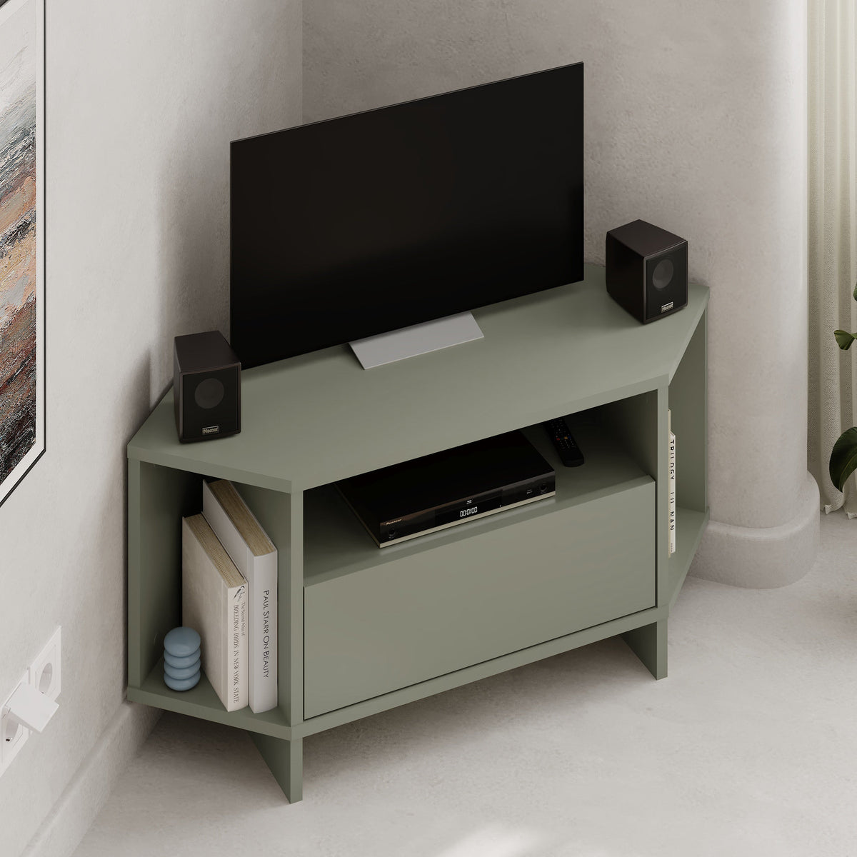 Meuble TV d'angle Modern Viva – Meuble d'angle compact avec étagères et placard pour téléviseurs jusqu'à 40 pouces