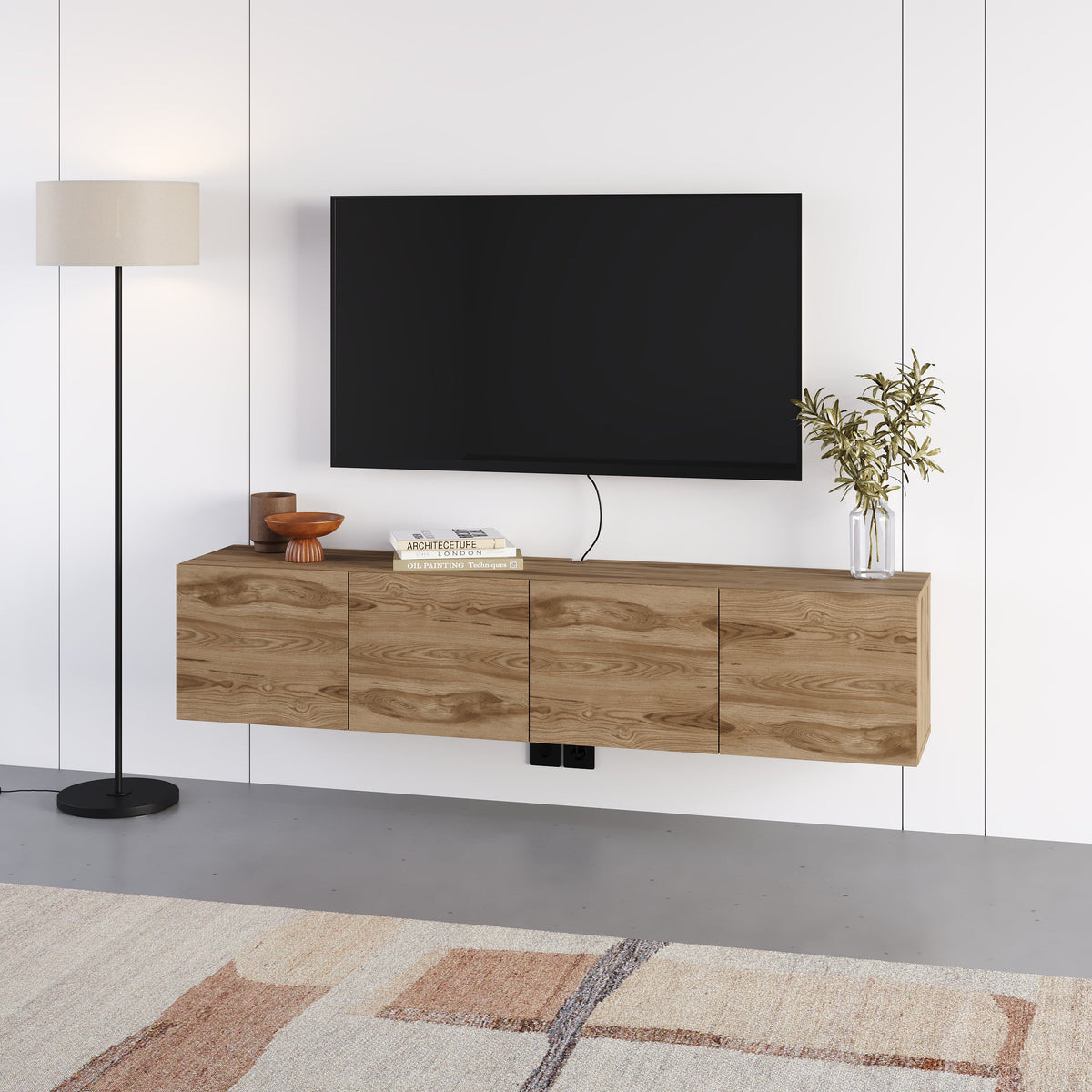Meuble TV mural flottant Combe 180 cm (l) 4 portes à fermeture douce