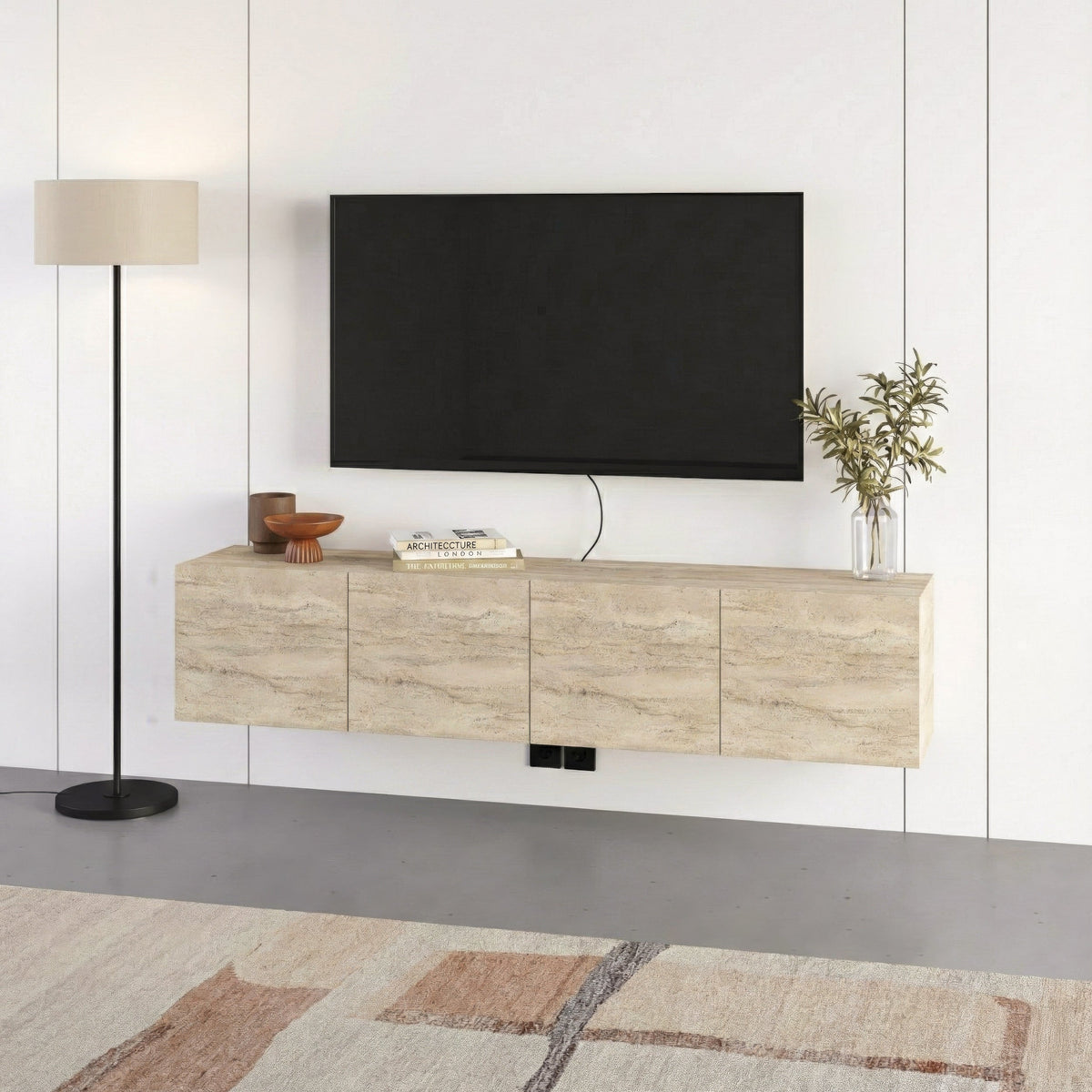 Meuble TV mural flottant Combe 180 cm (l) 4 portes à fermeture douce