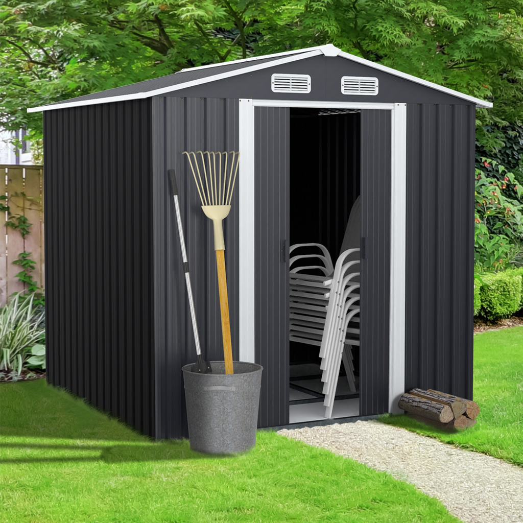 Abri de jardin 3,7 m² gris en acier galvanisé avec base