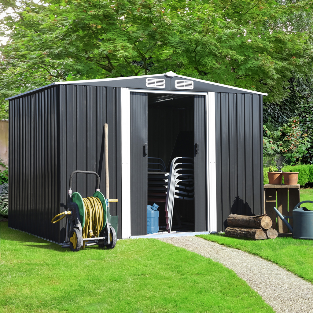 Abri de jardin 5,3 m² gris en acier galvanisé avec base