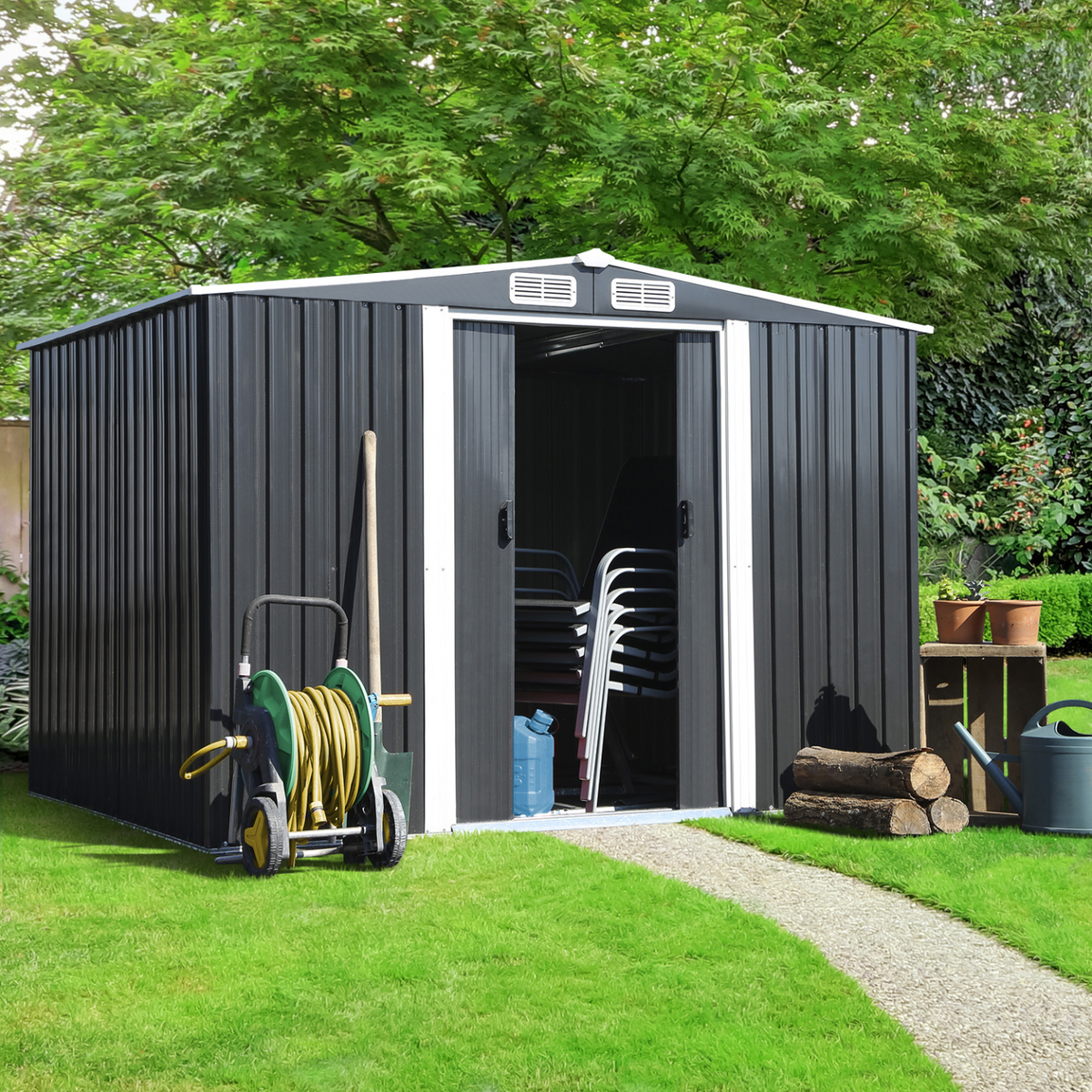 Abri de jardin 5,3 m² gris en acier galvanisé avec base