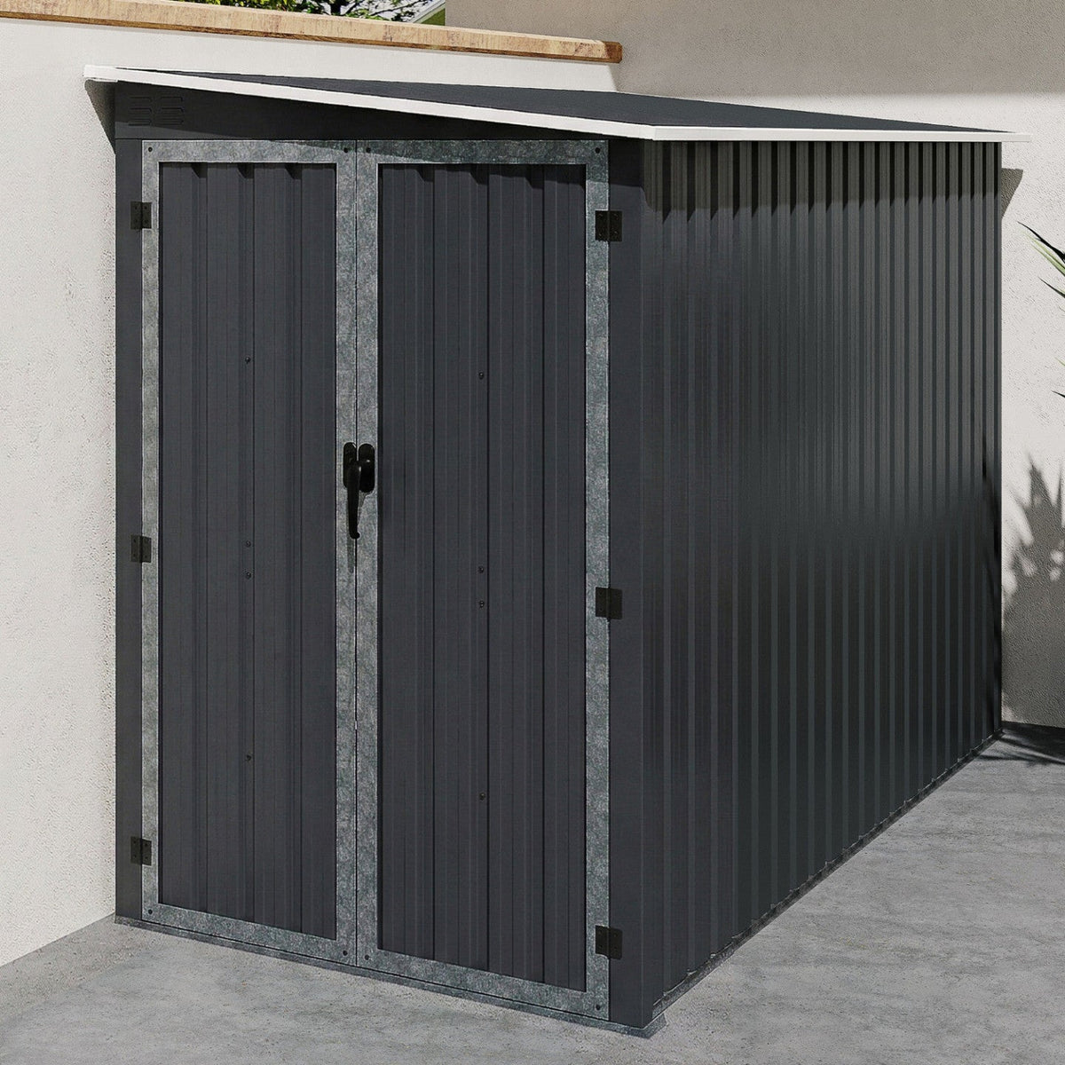 Abri de jardin adossé 3 m² gris en acier galvanisé avec double porte latérale