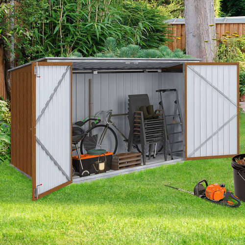Abri de jardin en métal effet bois verrouillable multi-rangement pour le stockage de vélos, d'outils et de poubelles
