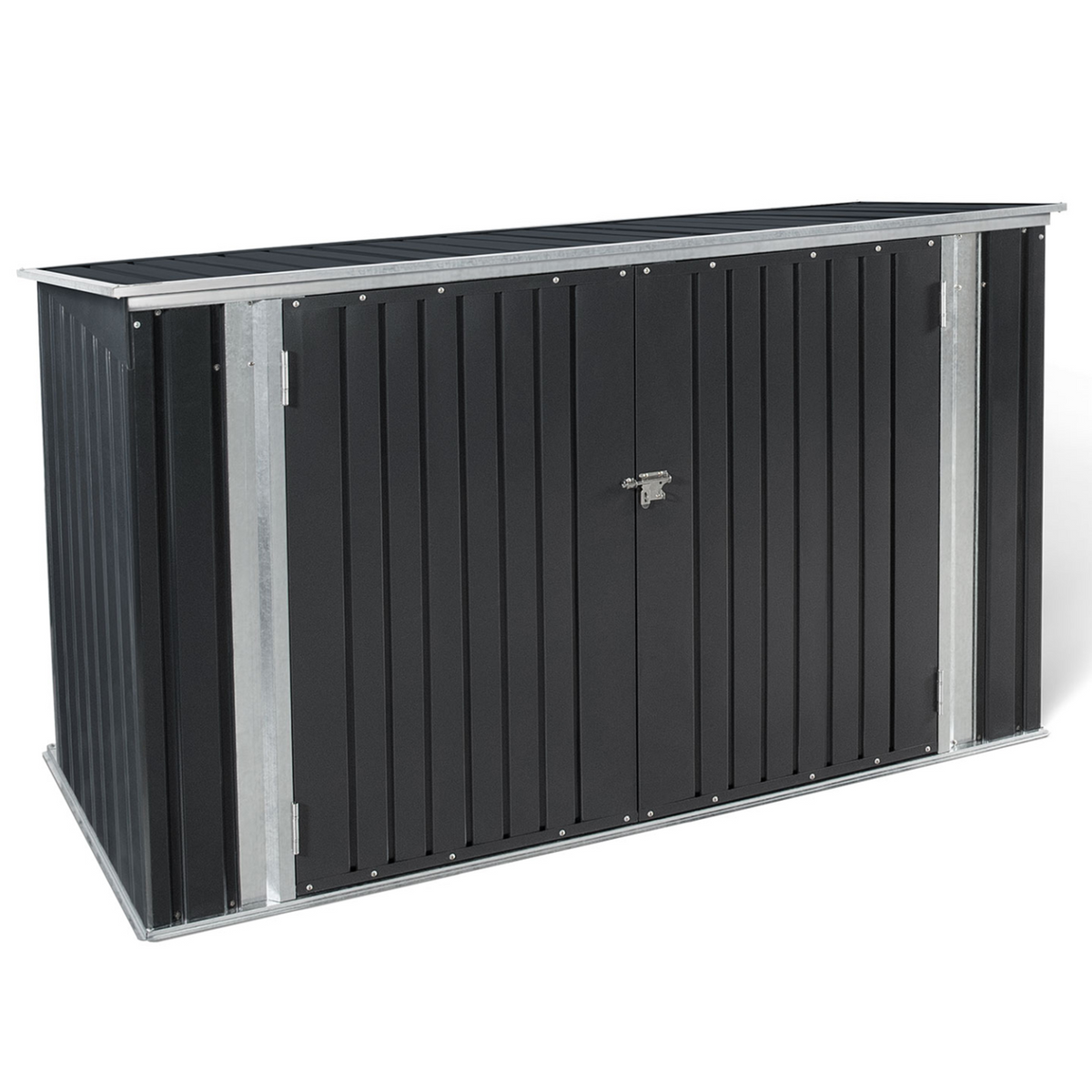 Abri de jardin en métal gris anthracite verrouillable, idéal pour le rangement de vélos, d'outils et de poubelles.