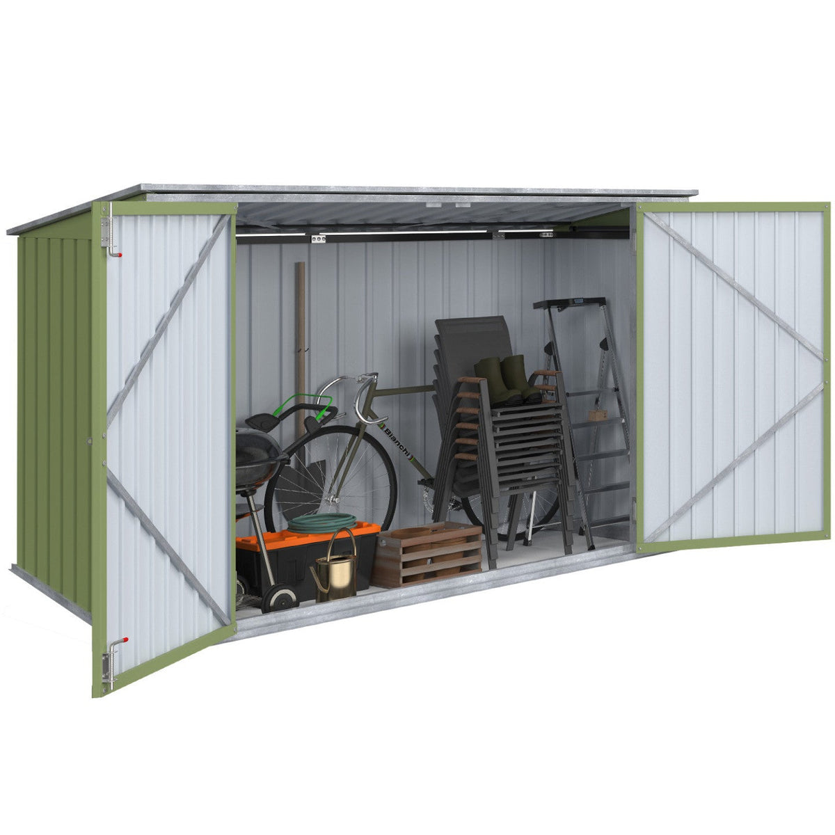 Abri de jardin en métal vert olive verrouillable multi-usage pour le stockage de vélos, outils et poubelles