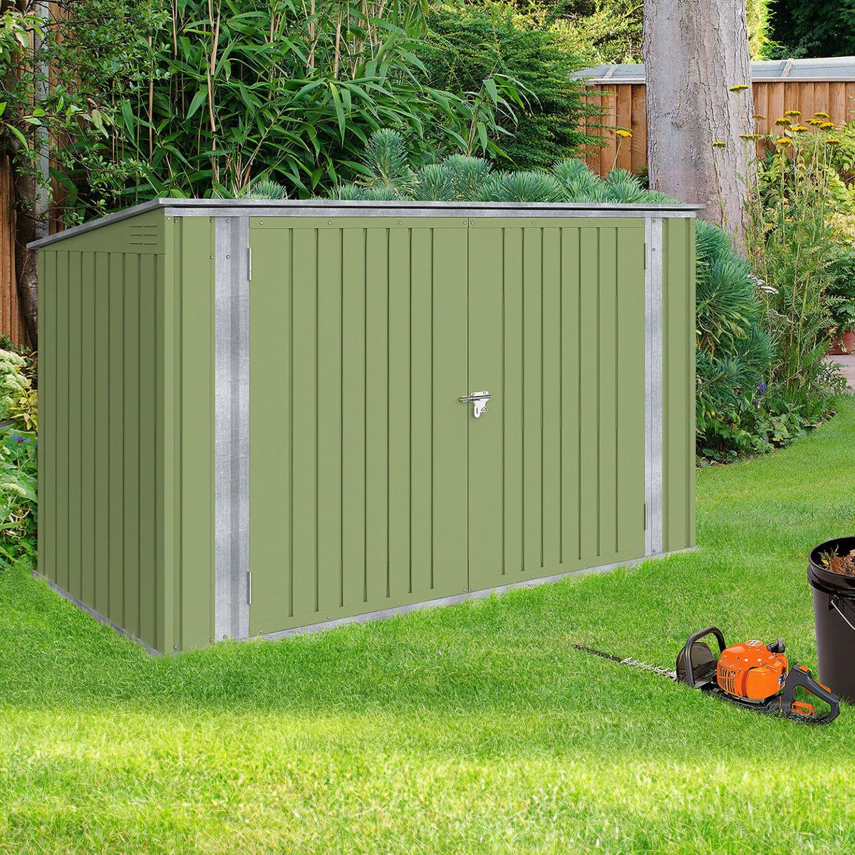 Abri de jardin en métal vert olive verrouillable multi-usage pour le stockage de vélos, outils et poubelles