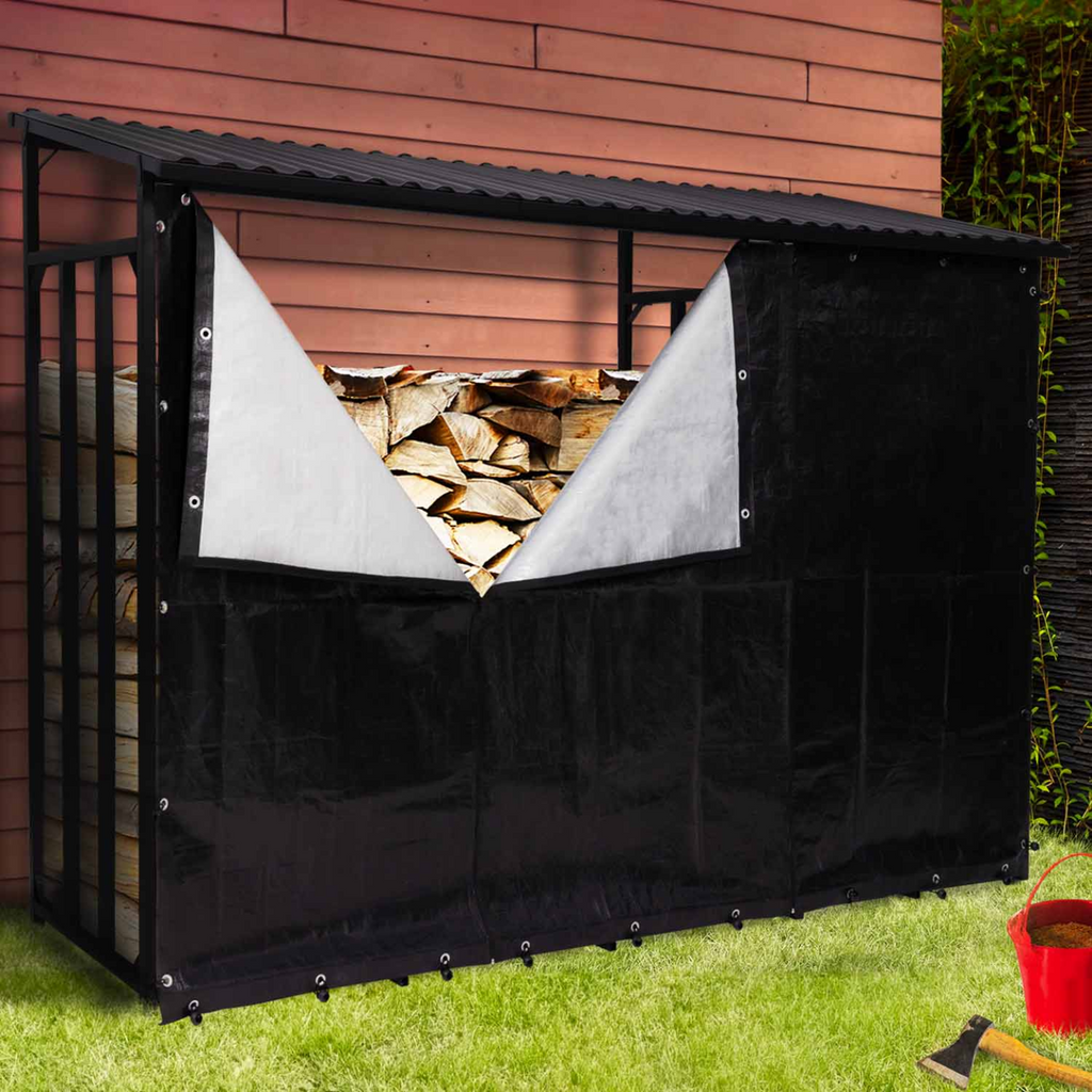 Abri de stockage pour bûches en acier galvanisé L. 274 cm avec housse de protection