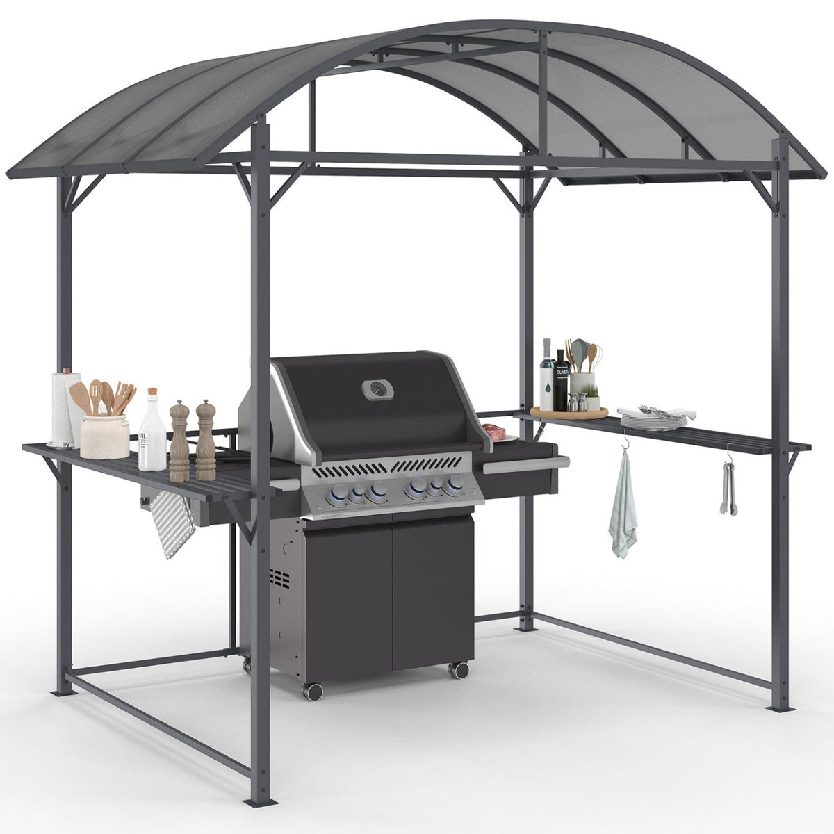 Abri pour barbecue 240 x 150 x 220 cm avec étagères, en métal gris et toit en polycarbonate