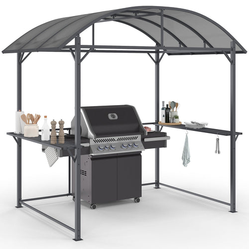Abri pour barbecue 240 x 150 x 220 cm avec étagères, en métal gris et toit en polycarbonate