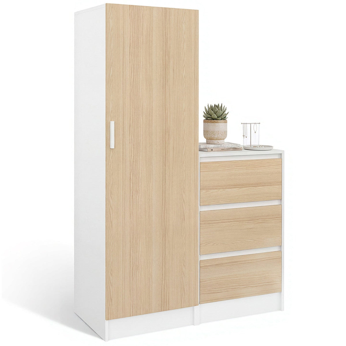Armoire 1 porte AMBRE penderie avec commode 3 tiroirs 100 cm modulable décor hêtre et blanc