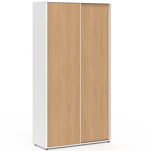 Armoire 2 portes coulissantes SLIDEA blanc et bois 100 cm penderie avec étagères rangement grande capacité