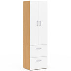 Armoire 2 portes JULIANA blanc et bois, penderie 50 cm avec 2 tiroirs