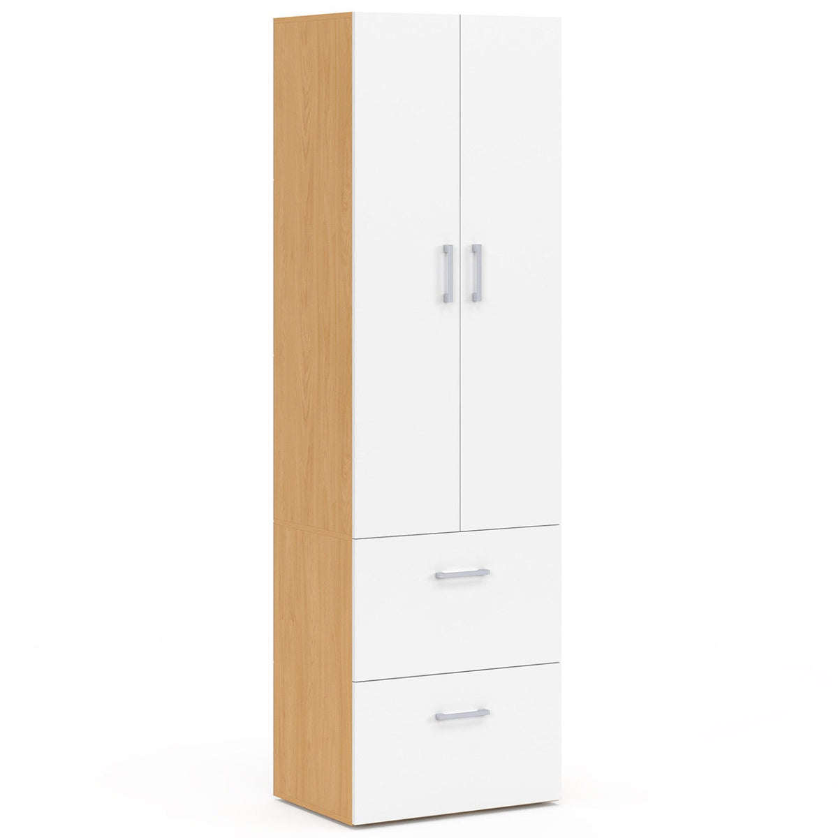 Armoire 2 portes JULIANA blanc et bois, penderie 50 cm avec 2 tiroirs