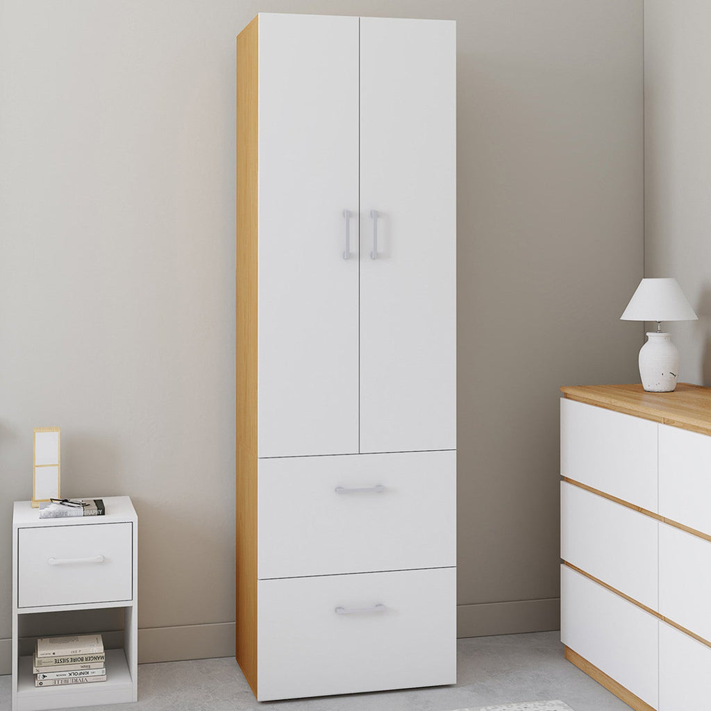 Armoire 2 portes JULIANA blanc et bois, penderie 50 cm avec 2 tiroirs