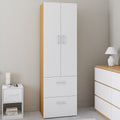 Armoire 2 portes JULIANA blanc et bois, penderie 50 cm avec 2 tiroirs