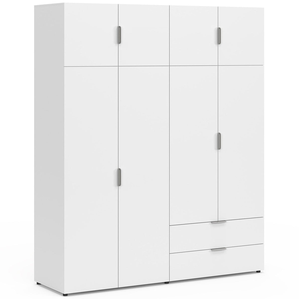 Armoire 4 portes MINA blanc, penderie 160 cm avec 2 étagères supérieures et 2 tiroirs