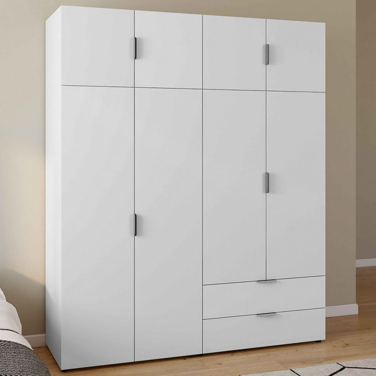 Armoire 4 portes MINA blanc, penderie 160 cm avec 2 étagères supérieures et 2 tiroirs